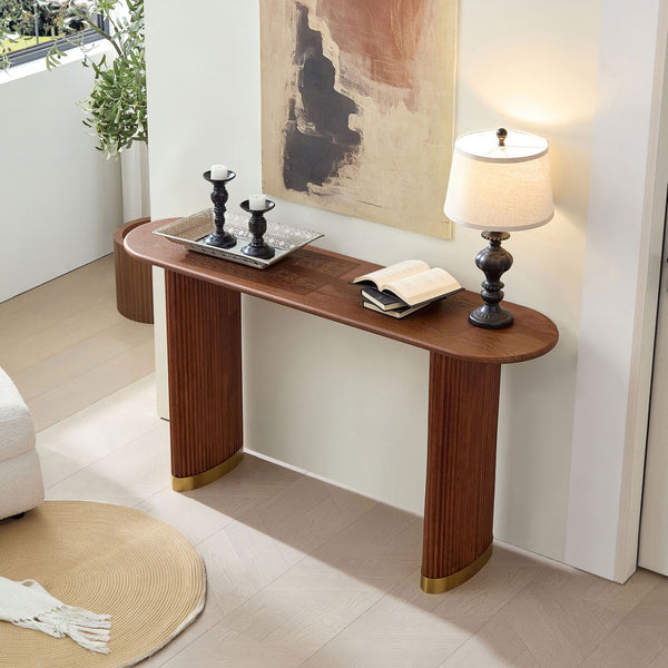 English Elm Length 59 Inch Mdf Wood Veneer Console Table Brushed Gold Steel Base Modern Entryway Brown W2582P406098