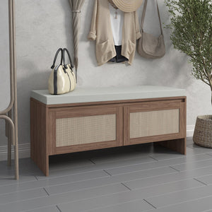 English Elm PP Rattan bench with cushion and hidden shoe storage, linen seat, dust‑protected interior, natural finish W808P316354