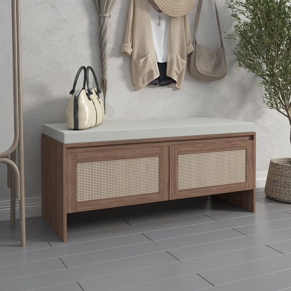 English Elm PP Rattan bench with cushion and hidden shoe storage, linen seat, dust‑protected interior, natural finish W808P316354