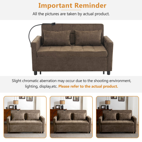 English Elm 56.9" Loveseat Sofa Bed with Chenille Upholstery, USB Ports, Phone Holder, Side Pockets, Reclining Backrest Brown N719P208853D