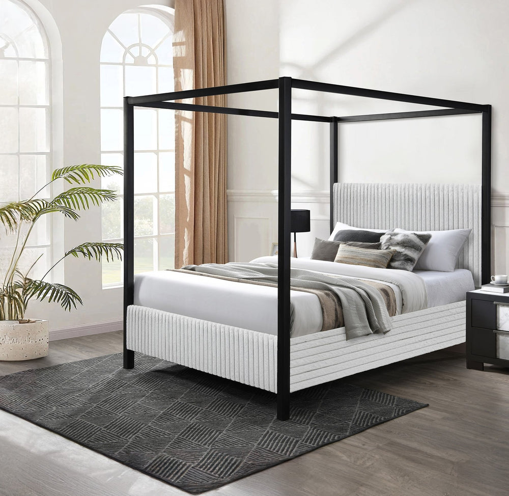 English Elm 1pc Modern Queen LED Faux Leather Upholstery Panel Bed with Tufted Headboard, Textured Footboard Glam Finish Light Gray 86.5 L x 11.5 W x 5.5 H B2741S00540