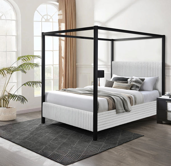 English Elm 1pc Modern Queen LED Faux Leather Upholstery Panel Bed with Tufted Headboard, Textured Footboard Glam Finish Light Gray 86.5 L x 11.5 W x 5.5 H B2741S00540