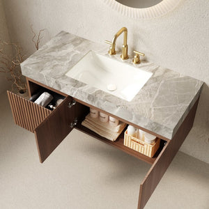 English Elm Muri Floating Bathroom Vanity Plywood Cabinet Oak Woodgrain Sintered Stone Top W2615S00544