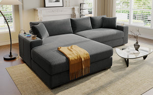 English Elm Christopher Knight Home® - Mirod Large Sectional Sofa with Deep Foam Seats, Built-In Cup Holders, USB Charging Ports, Modern Design Grey N760S0000043E