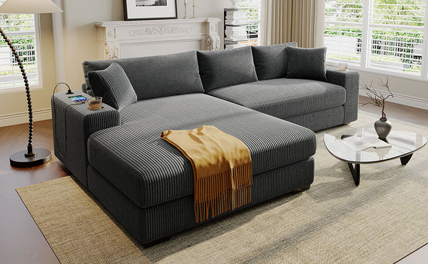 English Elm Christopher Knight Home® - Mirod Large Sectional Sofa with Deep Foam Seats, Built-In Cup Holders, USB Charging Ports, Modern Design Grey N760S0000043E