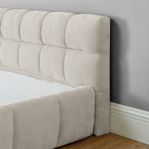English Elm King Platform Bed Fully Upholstered in Plush Chenille with Low Profile Modern Frame Beige W487S00468
