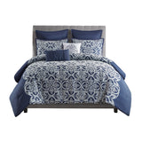 Madison Park Rana Transitional 7 Piece Flocking Comforter Set with Euro Shams and Throw Pillows MP10-8210 Navy