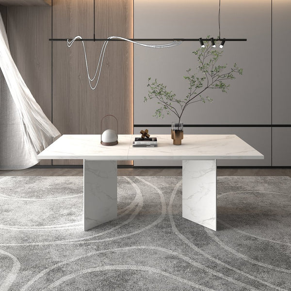 English Elm Extendable Faux Marble Dining Table with V-Legs — Sleek Expandable Conference & Kitchen Centerpiece for 6–10 White W1347S00015