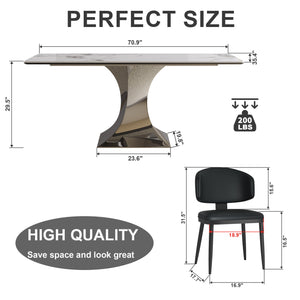 English Elm 71" Rectangular Dining Table Set For 6 – Stylish Sintered Stone Top & Hourglass Stainless Steel Base W2700S00056