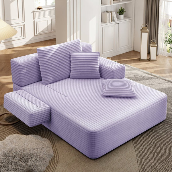 English Elm Luxurious Corduroy Frameless Chaise Sofa Bed with Spring Cushion and Storage Pocket Purple W3219P496264