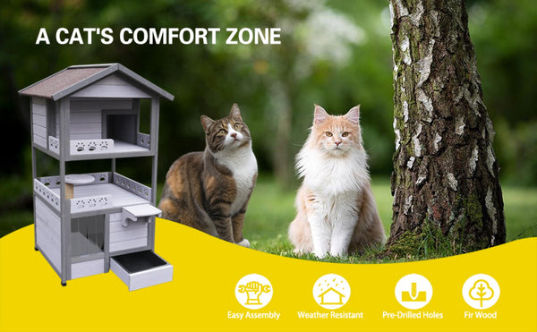 English Elm Three Story Solid Wood Outdoor Cat Villa with Balcony Weatherproof Feral Shelter W1431P284943