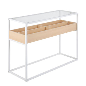 English Elm Contemporary Glass Top Console Table with Matte Black Frame and Wood Storage Natural B202P223379