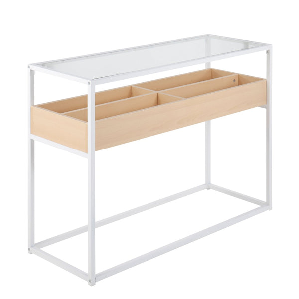 English Elm Contemporary Glass Top Console Table with Matte Black Frame and Wood Storage Natural B202P223379