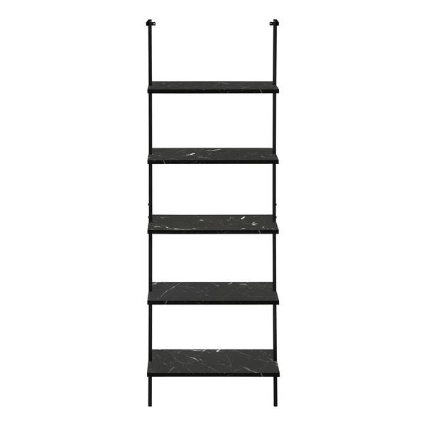 English Elm Bookshelf, 5-Tier Ladder Design With Black Marble-Look Shelves & Metal Frame For Modern Spaces B2710P219406