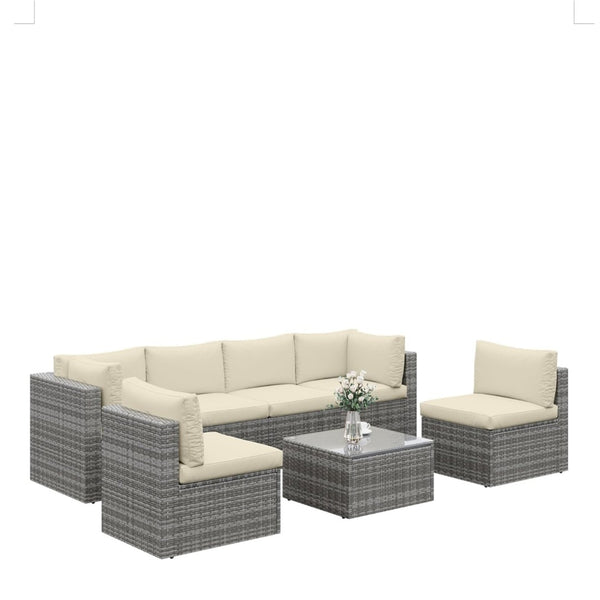 English Elm 7-piece Outdoor Modular Sectional Pe Wicker Patio Set with Tempered Glass Coffee Table Beige+Brown B082S00063