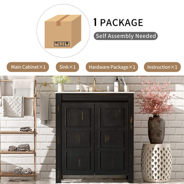 English Elm 30" Rustic Bathroom Vanity Espresso with Ceramic Sink, Soft-Close Doors, Adjustable Shelves, Open-Back Plumbing-Friendly Storage N729P290712P