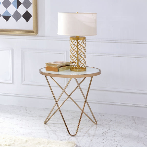 English Elm Frosted Glass Top Round Table Champagne Base — Mid-Century Accent End Table, Elegant Framed Design B016P314057