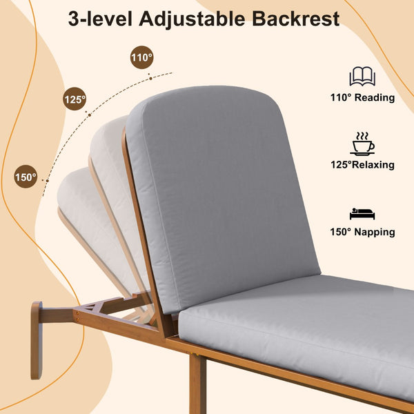English Elm Outdoor Acacia Wood Chaise Lounge Reclining Patio Chair with Cushion for Poolside Grey N719P445623A