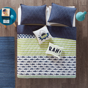 Urban Habitat Kids Finn Casual Shark Reversible Cotton Quilt Set with Throw Pillows UHK13-0041 Green / Navy