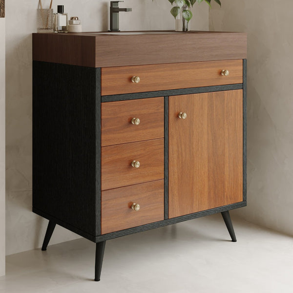 English Elm 29.9" Floating Bathroom Vanity Sintered Stone Top Soft Close Drawers Bronze Gold Hardware Brown,Walnut,White W3136S00045