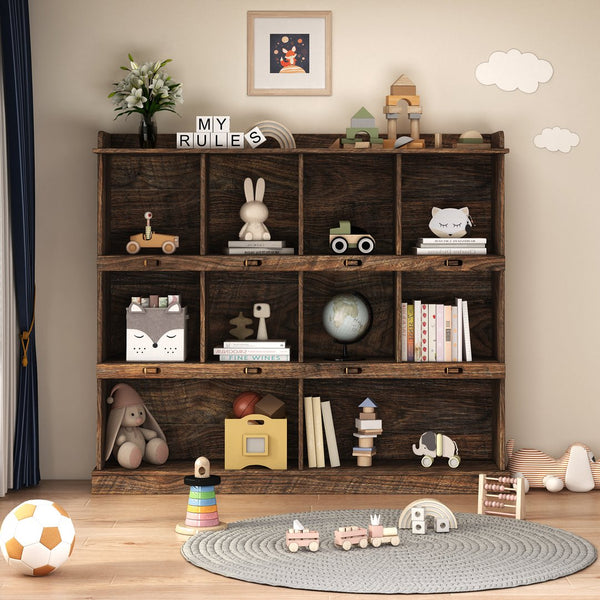 English Elm 10-shelf Bookcase with Cubby Storage and Label Holders, Melamine-Finish Wood Organizer for Home and Office Espresso W33165694