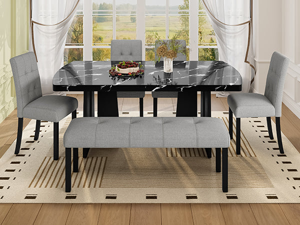 English Elm 6 Piece Dining Set with Rectangular Solid Wood Table, Upholstered Chairs & Bench, Rustic Charm, Easy Assembly, Seats 6 Black+ Gray N752S000011B