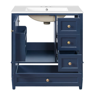 English Elm 30 30 Inch Bathroom Vanity with Ceramic Sink, Modern Compact 3-Drawer Storage Cabinet for Small Baths Blue N710P247499C