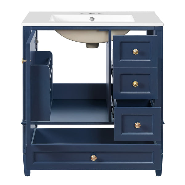 English Elm 30 30 Inch Bathroom Vanity with Ceramic Sink, Modern Compact 3-Drawer Storage Cabinet for Small Baths Blue N710P247499C