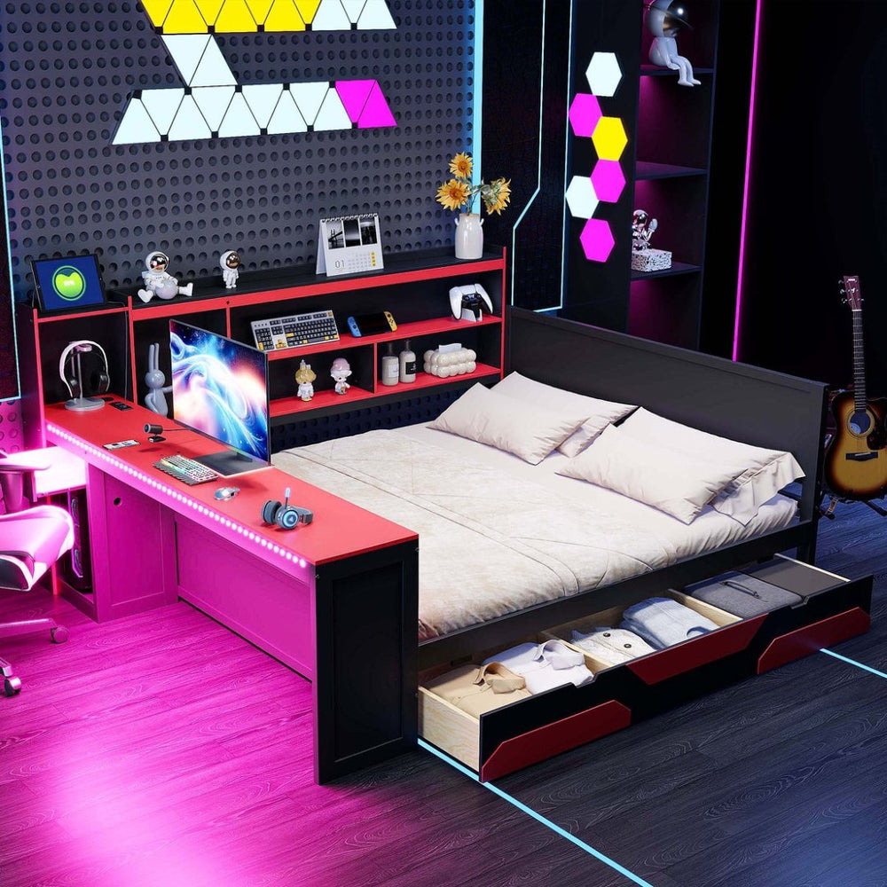 English Elm Queen Gaming Bed Frame with Desk Led Lighting Storage Drawers and Bookcase Headboard Black+Red LP000290AAJ