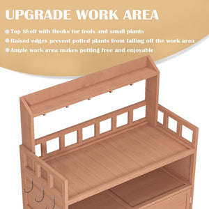 English Elm Potting Bench Fir Wood Outdoor Workstation with Cabinet Shelf and Tool Hooks W1850P201057