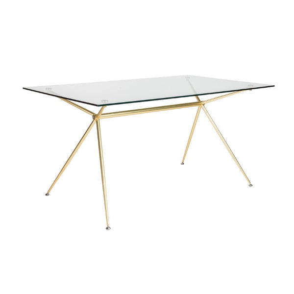 EuroStyle Atos Rectangular Dining Table with Tempered Glass Top and Brushed Gold Metal Base 02290MBG-KIT