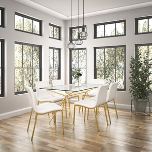 EuroStyle Atos Rectangular Dining Table with Tempered Glass Top and Brushed Gold Metal Base 02290MBG-KIT