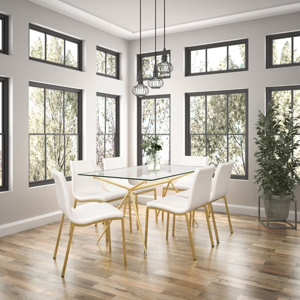EuroStyle Atos Rectangular Dining Table with Tempered Glass Top and Brushed Gold Metal Base 02290MBG-KIT