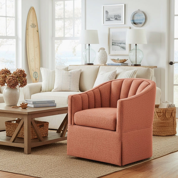 English Elm Solitude Skirted Swivel Accent Chair with Channel Tufting, Durable Polyester, 360° Metal Swivel, Plush Coil Seat Coral B050P390591