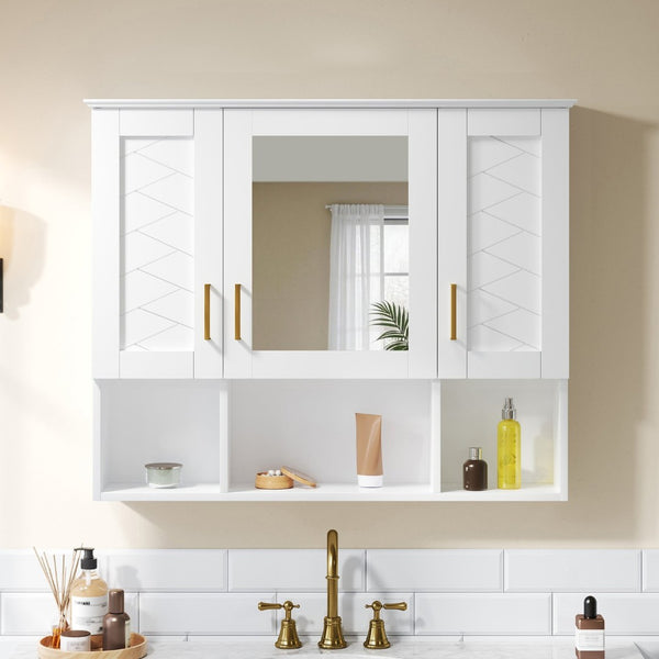 English Elm 35 Inch Wall Mount Medicine Cabinet Soft Close Mirror Storage for Modern Bathroom White N710P389453K