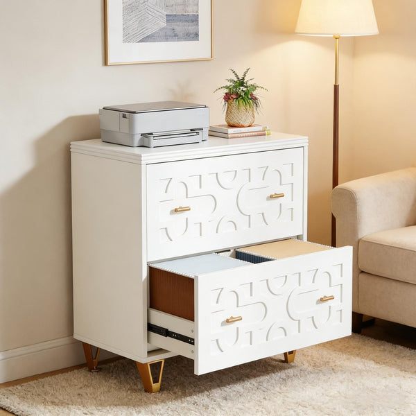 English Elm Multi-functional Nordic Filing Cabinet White Two Drawer Gold Handle Home Office Storage T3971P449298