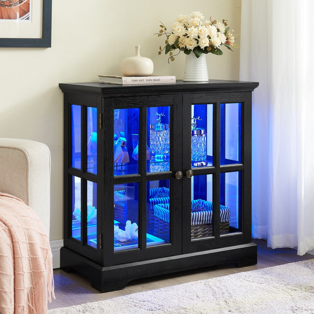 English Elm Led Curio Display Cabinet - Vintage Black Showcase With Adjustable Glass Shelves & 7-Color Lighting W2275P300146
