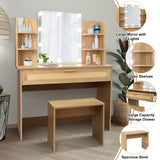 English Elm Vanity Desk Set Stool & Dressing Table With Led Lighting Mirror Drawer and Compartments Modern Wood Cosmetic Table Chest Of Drawers Nature Color