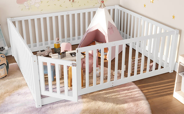 English Elm Twin Floor Bed Pine Wood Frame with Guardrails and Door for Safe Toddler Sleep Light White W1580P417670