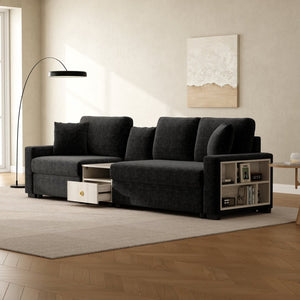 English Elm Modern Chenille Three Seat Sofa with Console Storage Armrest for Living Room Black N763S000060B