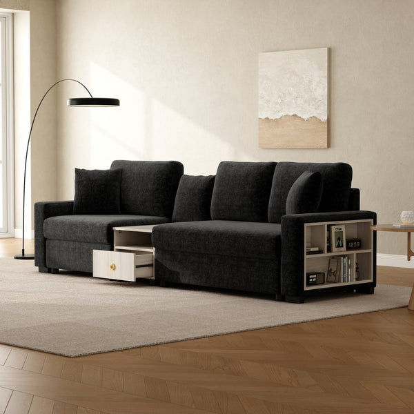 English Elm Modern Chenille Three Seat Sofa with Console Storage Armrest for Living Room Black N763S000060B