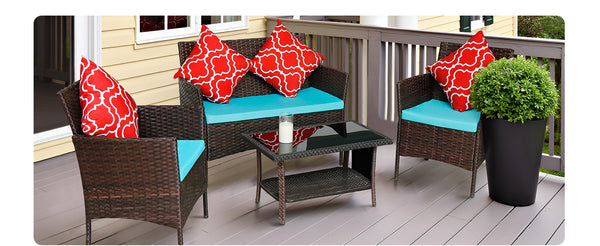 English Elm Four-Piece Outdoor Rattan Sofa Set With Emerald Green Cushions & Stylish Glass Table For Patios W3152P269438