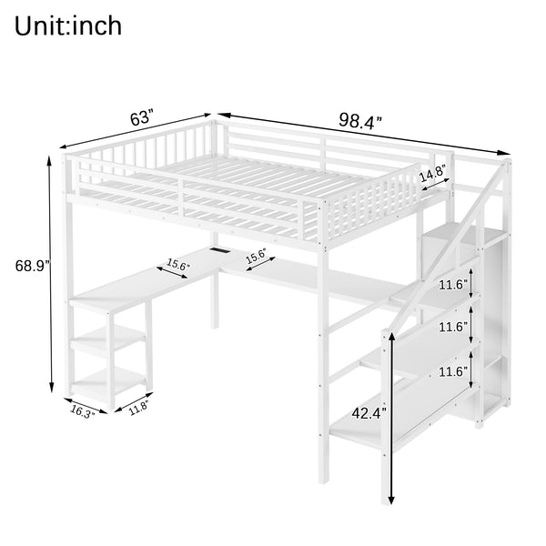 English Elm Metal Queen Loft Bed with Wardrobe, LED Light, L-Shaped Desk and USB Ports for Space-Saving Rooms White 65.75 L x 17.52 W x 6.3 H W2593S00039