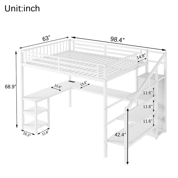 English Elm Metal Queen Loft Bed with L Shaped Desk Wardrobe Led Lighting and Usb for Teens W2593S00044