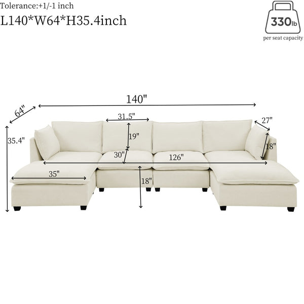 English Elm Comfy Cloud Sectional Chenille Deep Seat Sofa with Ottomans for Living Room Lounging Beige W1117S00283