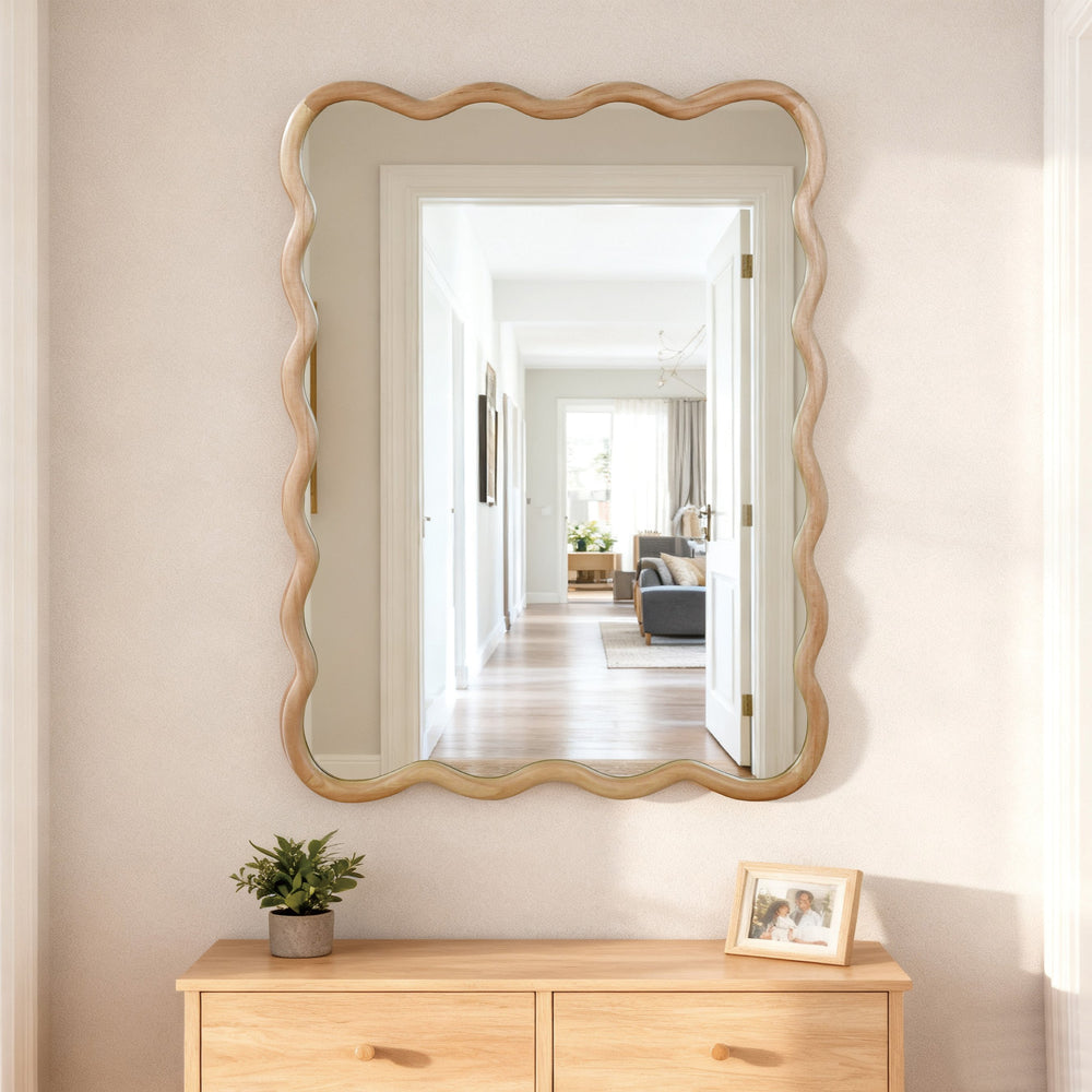 English Elm Natural Wood Wavy Rectangle Solid Wood Frame Mirror 30x40" Rustic Tempered Glass Vanity Decor W2203P389064