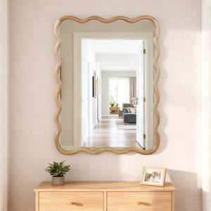 English Elm Natural Wood Wavy Rectangle Solid Wood Frame Mirror 30x40" Rustic Tempered Glass Vanity Decor W2203P389064