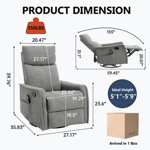 English Elm Heat Massage Rocker Swivel Recliner Fabric Chair with Lumbar Therapy for Living Room Grey W1803P362293