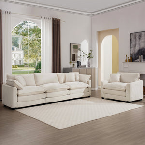 English Elm Mid-Century Modern 2-Piece Sofa Set: Stylish 3-Seater And Accent Chair In Soft Light Beige Corduroy W714S00776