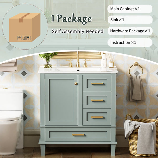 English Elm 30" Modern Bathroom Vanity with Solid Wood Frame, 3 Soft-Close Drawers and Ceramic Sink, Sleek Design Sage Green N729P170557G